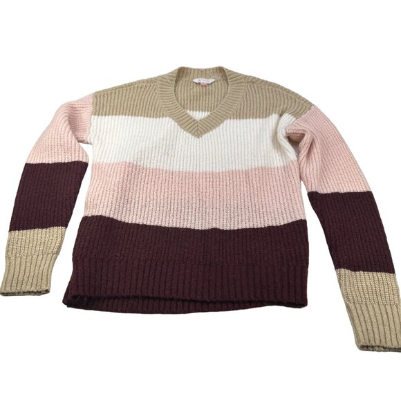 No Boundaries Women's Sz Med 7-9 Sweater V-Neck Striped Multicolor Knit Preowned - Picture 1 of 12